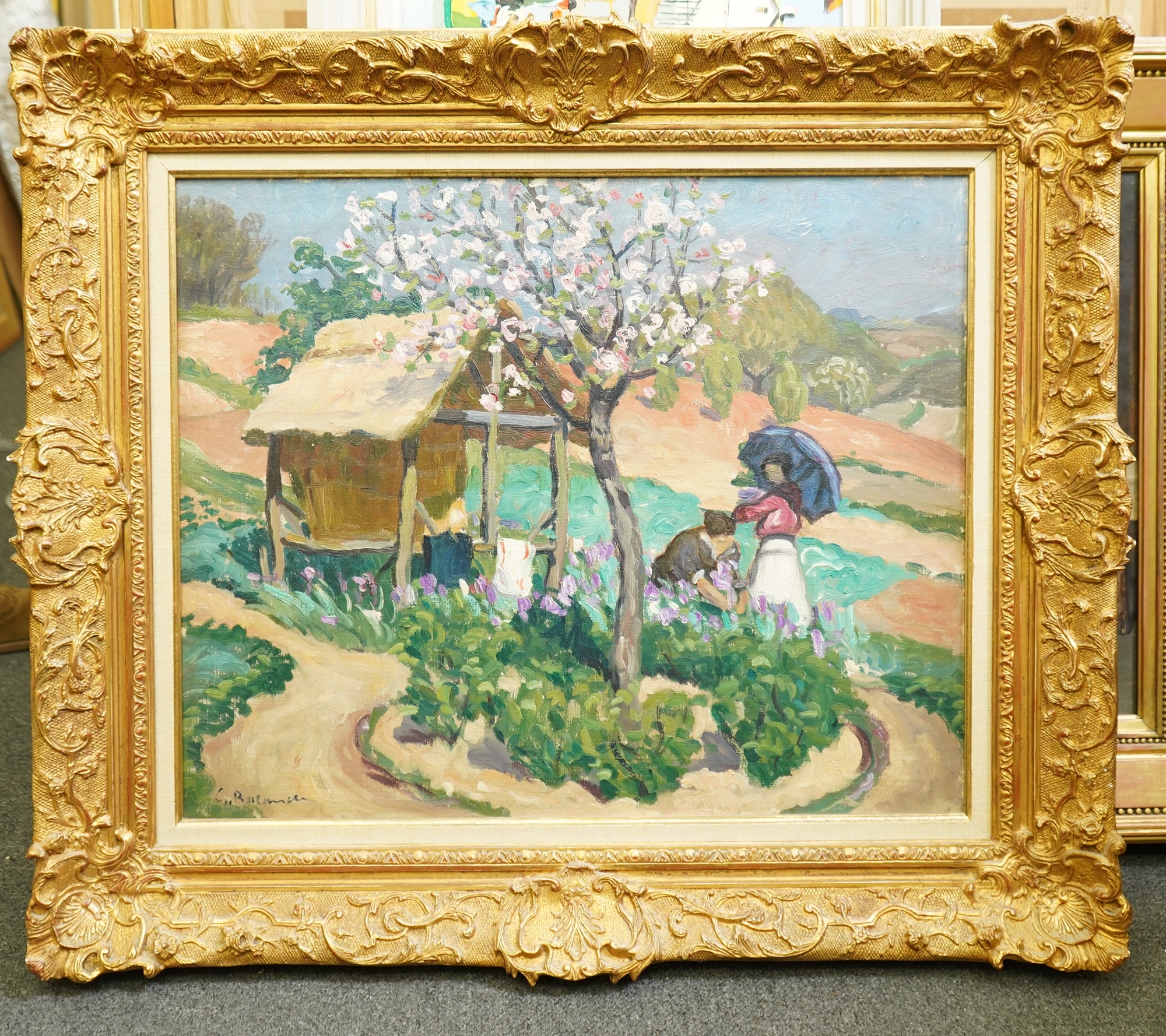 French School , Tulip pickers in a landscape, oil on canvas, 59 x 48cm